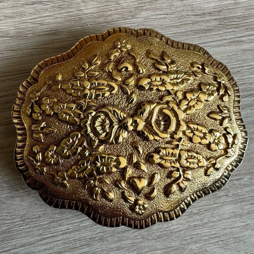 Vintage Dotty Smith Solid Gold Tone Metal Ornate Floral Design Belt Buckle